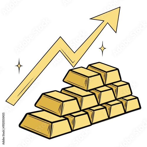 Stacked gold bars with rising arrow and sparkles gold blocks