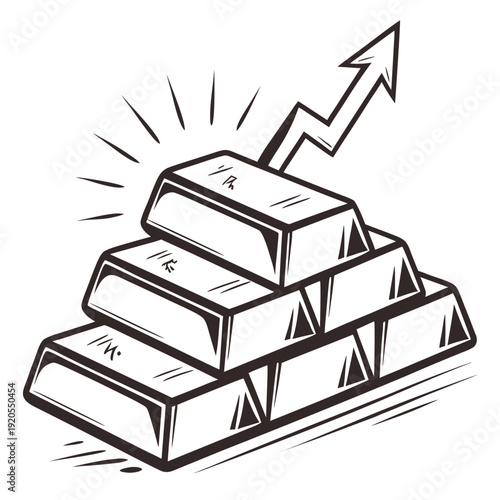 Gold bullion stacked with rising arrow gold bars