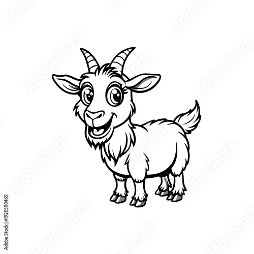A charming black and white cartoon illustration of a happy, smiling goat with horns and a fluffy beard.