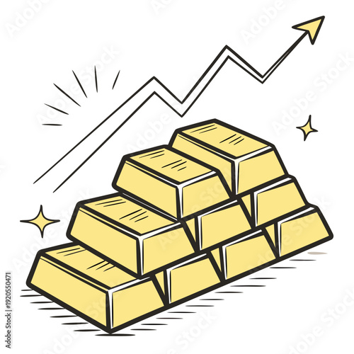 Gold bars stacked with rising graph and sparkles stacked gold