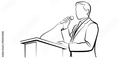 A simple line drawing of a businessman speaking into a handheld microphone at a podium. Vector, illustration