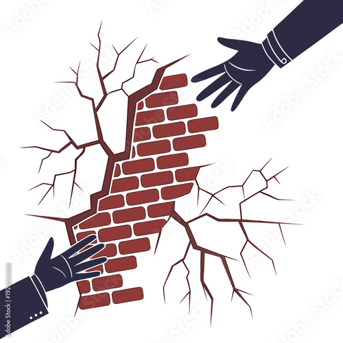 Of two hands pulling apart a cracked brick wall cracked wall