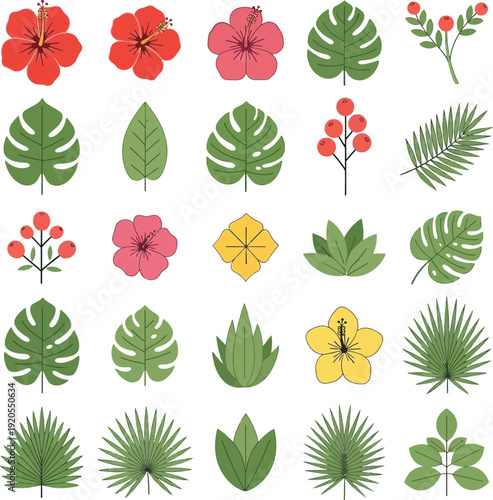 Vibrant Tropical Leaves and Exotic Flowers Flat Vector Collection