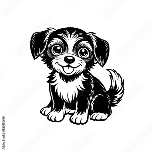 A charming black and white illustration of a happy, fluffy puppy sitting and smiling with its tongue out.