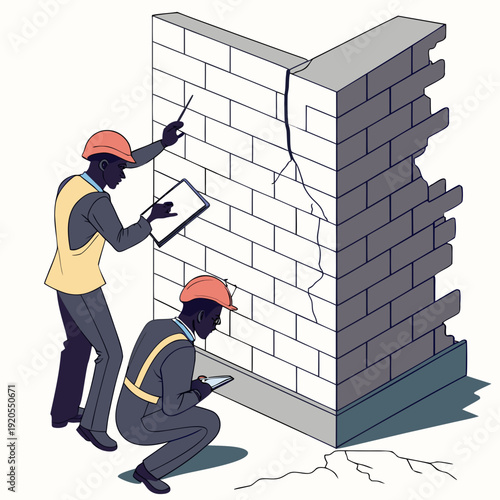 Construction inspectors examining cracked brick wall with clipboards