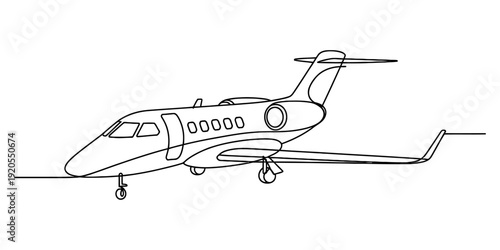 Continuous line drawing of a private jet airplane parked on a runway against a white background. Vector, illustration