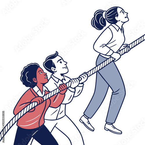 Teamwork concept with people pulling rope