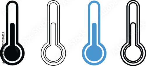 Four different colored thermometer icons in black white and blue on white background