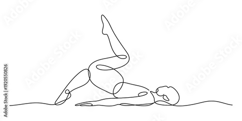 Minimalist one line drawing of a person practicing yoga or pilates on a clean white background. Vector, illustration