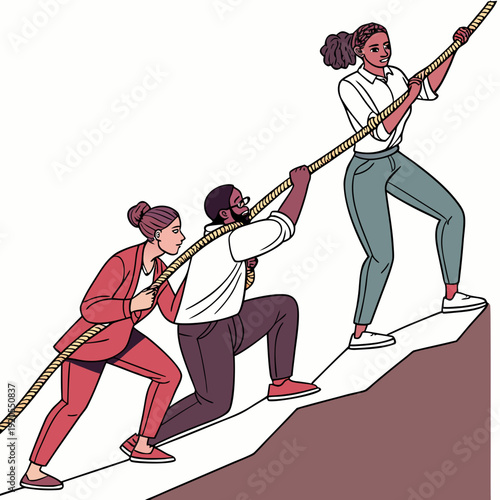 Teamwork helping woman climb steep cliff with rope