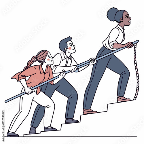 Group of people pulling rope to help woman up stairs