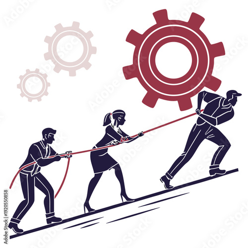 Group of business people pulling rope to move large gear