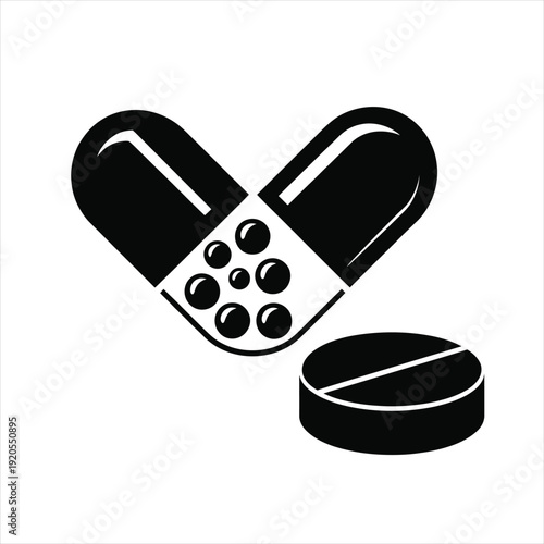 A black and white icon showing an open capsule with granules and a solid tablet, representing medicine.
