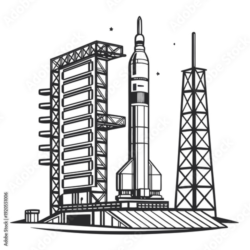 Black and white of a rocket on a launchpad space line space exploration