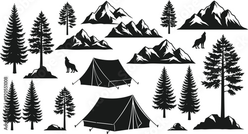 Black vector silhouette set of mountain peaks pine trees camping tents and howling wolves for outdoor adventure wilderness tourism and nature exploration branding