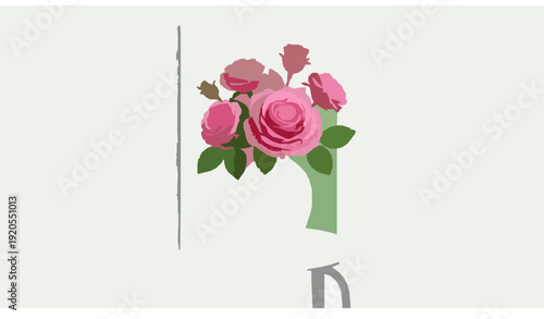 3D Style Vase with Pink Artificial Roses on Modern Stool Home Decor Vector
