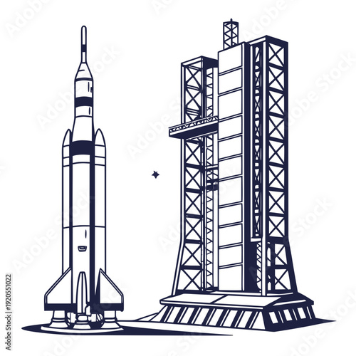 Space shuttle on launchpad with service tower rocket