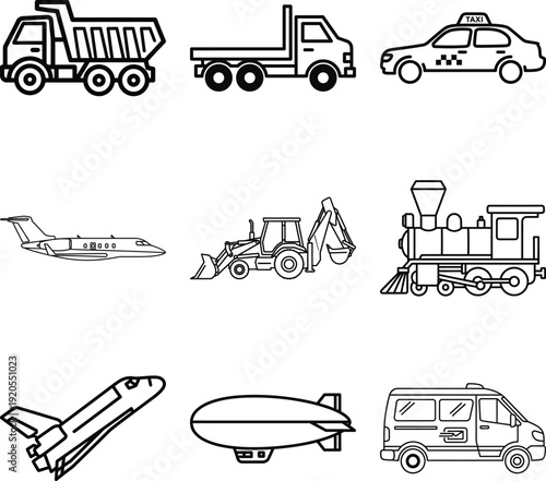 Comprehensive Collection of Transportation and Construction Vehicle Line Icons Featuring Dump Truck Flatbed Truck Taxi Private Jet Backhoe Loader Steam Train Space Shuttle Blimp and Delivery
