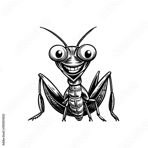 A whimsical, black and white illustration of a cartoon grasshopper with large, expressive eyes and a wide, toothy grin.