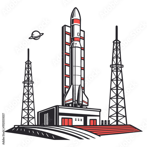 Rocket on launchpad with towers and planet space mission