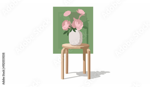 Minimal Vase with Pink Artificial Flowers on Wooden Stool Modern Interior Vector Illustration