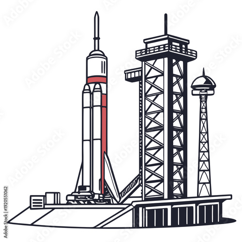 Rocket on launchpad with tower and control center space exploration