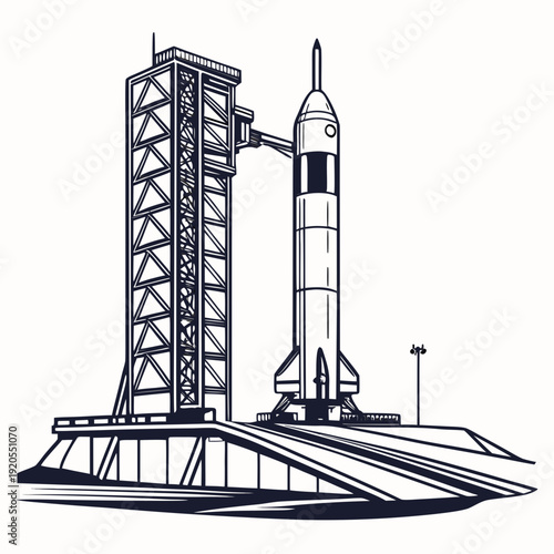 Monochrome of space rocket on launchpad with service tower