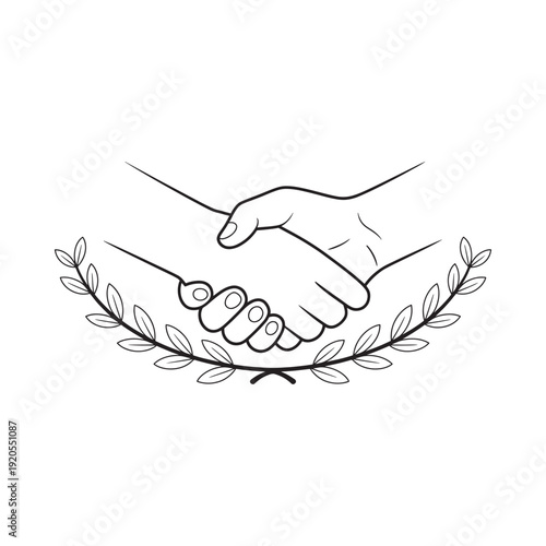 A black and white illustration of a handshake with a laurel wreath