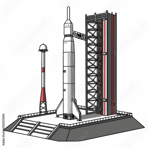 Space rocket on launchpad with service tower spacecraft