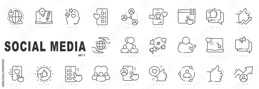 Naklejka premium Outline social media icon set for engagement, online communication, community growth, content interaction, and digital marketing, featuring clean editable stroke line icons for modern UI/UX design.