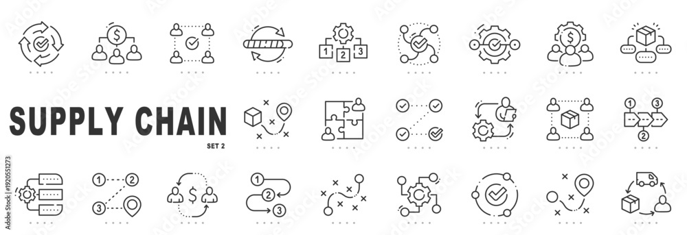 Obraz premium Outline supply chain icon set for logistics, workflow optimization, inventory management, distribution networks, editable stroke line icons for business UI design.