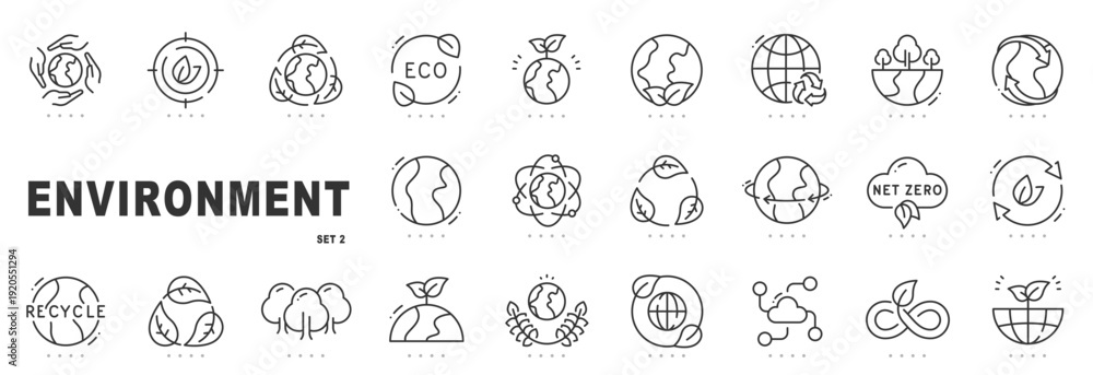 Naklejka premium Outline environment icon set for sustainability, eco, climate, recycling, net zero concepts, green energy, editable stroke, minimal modern line design.