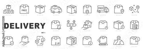 Outline delivery icon set for shipping, logistics, ecommerce fulfillment, parcel tracking, courier services, editable stroke, modern minimal line style.