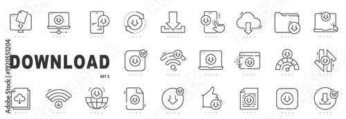 Outline download icon set illustrating file transfer, cloud storage, web interfaces, UI UX actions, editable stroke, minimal modern line style.