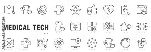 Outline medical tech icon set for healthcare technology, digital health apps, patient care, monitoring systems, UI UX interfaces, editable stroke style.