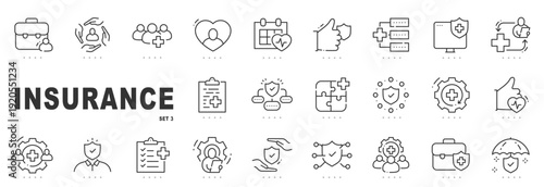 Outline insurance icon set illustrating healthcare, protection, policies, medical support, and risk management, designed with clean editable stroke for modern UI.