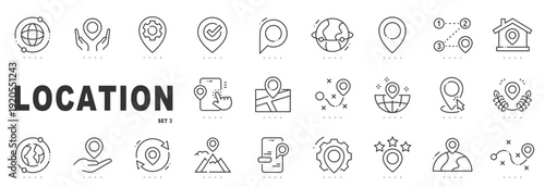 Outline location icon set featuring map pins, navigation, GPS tracking, destinations, global geography symbols, editable stroke, minimal modern line design.