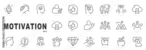 Outline motivation icon set focused on encouragement, confidence, teamwork, and personal growth, featuring clean line symbols such as thumbs up, target goals, progress arrows