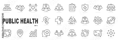 Outline public health icon set illustrating community healthcare, population protection, prevention strategies, monitoring systems, collaboration, editable stroke, minimal modern line style.