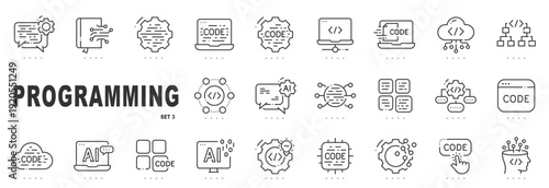 Outline programming icon set for software development, coding workflows, AI and cloud computing concepts, editable stroke, minimal modern line style for UI and UX design.