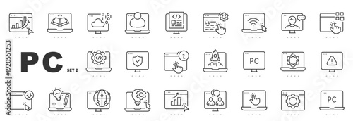 Outline PC icon set illustrating computers, dashboards, cloud, security, coding, and productivity, designed with editable stroke for modern interfaces.