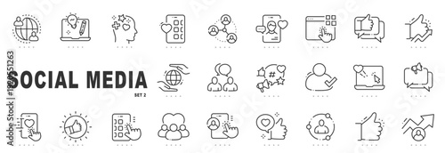 Outline social media icon set for engagement, online communication, community growth, content interaction, and digital marketing, featuring clean editable stroke line icons for modern UI/UX design.