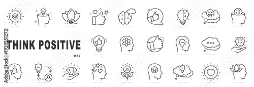 Outline think positive icon set illustrating mindset, mental health, motivation, wellbeing, optimism, selfcare concepts, editable stroke, minimal modern line design.