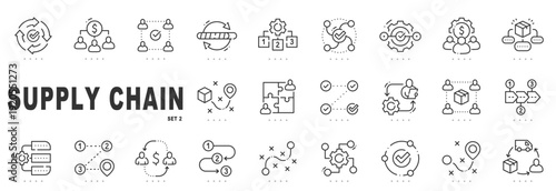 Outline supply chain icon set for logistics, workflow optimization, inventory management, distribution networks, editable stroke line icons for business UI design.