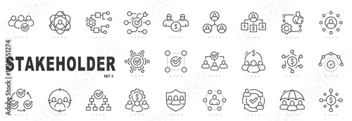 Outline stakeholder icon set for business governance, collaboration, engagement, decision making, partnerships, management systems, editable stroke, minimal modern line style.
