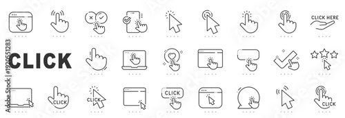 Outline click icon set showing cursor, hand gestures, buttons, UI UX interactions, web navigation actions, editable stroke, minimal modern line style.