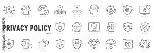 Outline privacy policy icon set showing data protection, security, consent, and compliance concepts with editable stroke icons for modern interfaces.