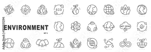 Outline environment icon set for sustainability, eco, climate, recycling, net zero concepts, green energy, editable stroke, minimal modern line design.
