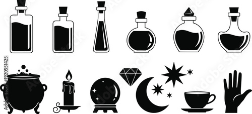 Black vector silhouette set of mystical occult icons including potion bottles cauldron crystal ball candle diamond moon stars and palmistry hand for magic branding