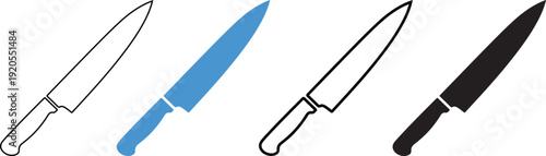 Four kitchen knives with different colored handles isolated on transparent background for cooking and cutting tasks